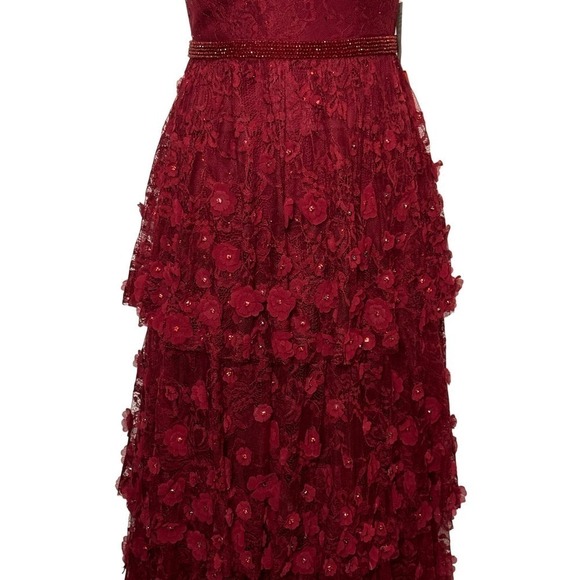 Mac Duggal Gown Dress Tiered Floral Embellished V Neck Deep Red Size 2 - Picture 7 of 16